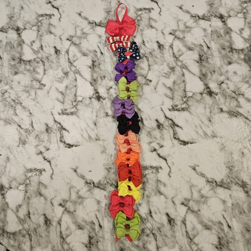 24 Girls Hair Bows Lot Solid Colors Patriotic Alligator Clips Pink Ribbon Hanger